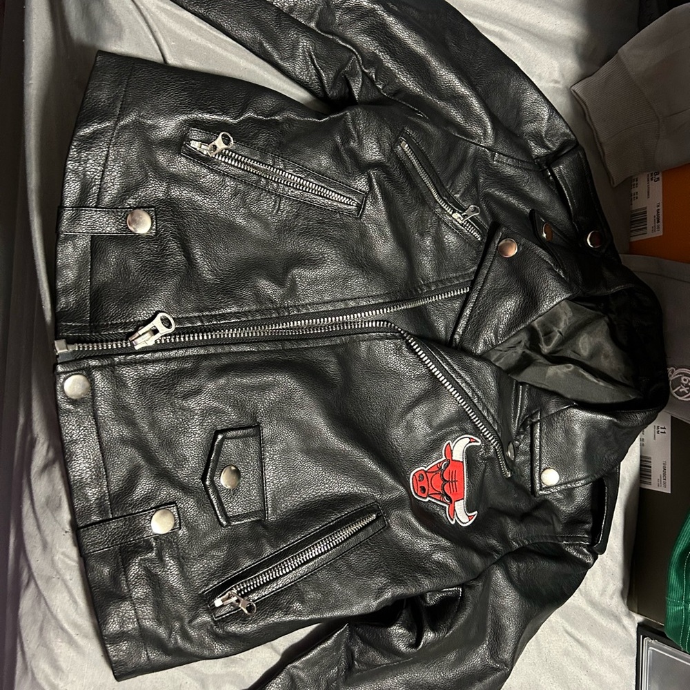 Black Leather Jacket with Red Logo